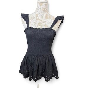 Japan Smocked Black Eyelet Tank Top Cottage Core Classy Peplum Soft Girl Size  M